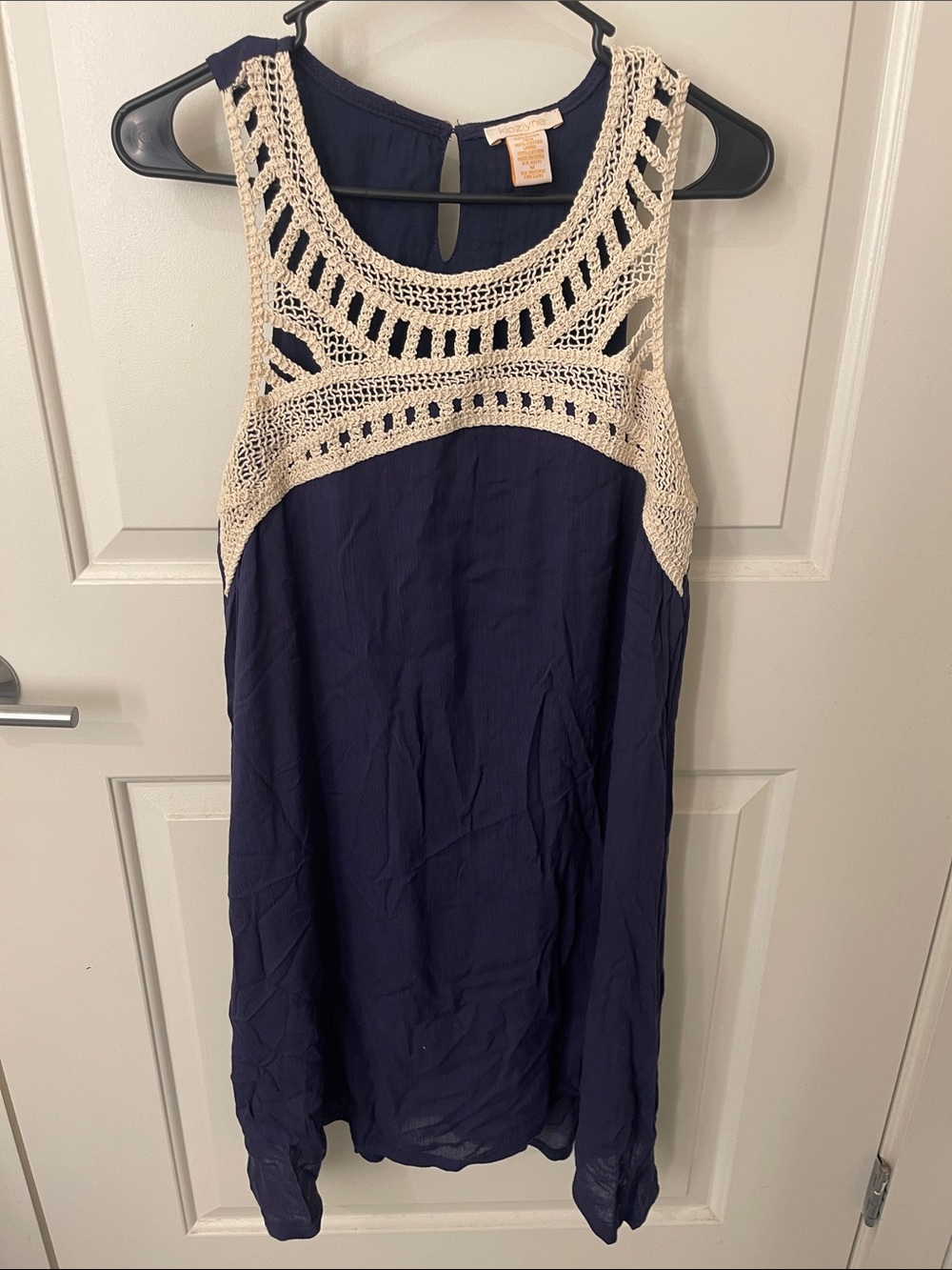Sleeveless Navy Mini Dress with Cream Crochet Yoke